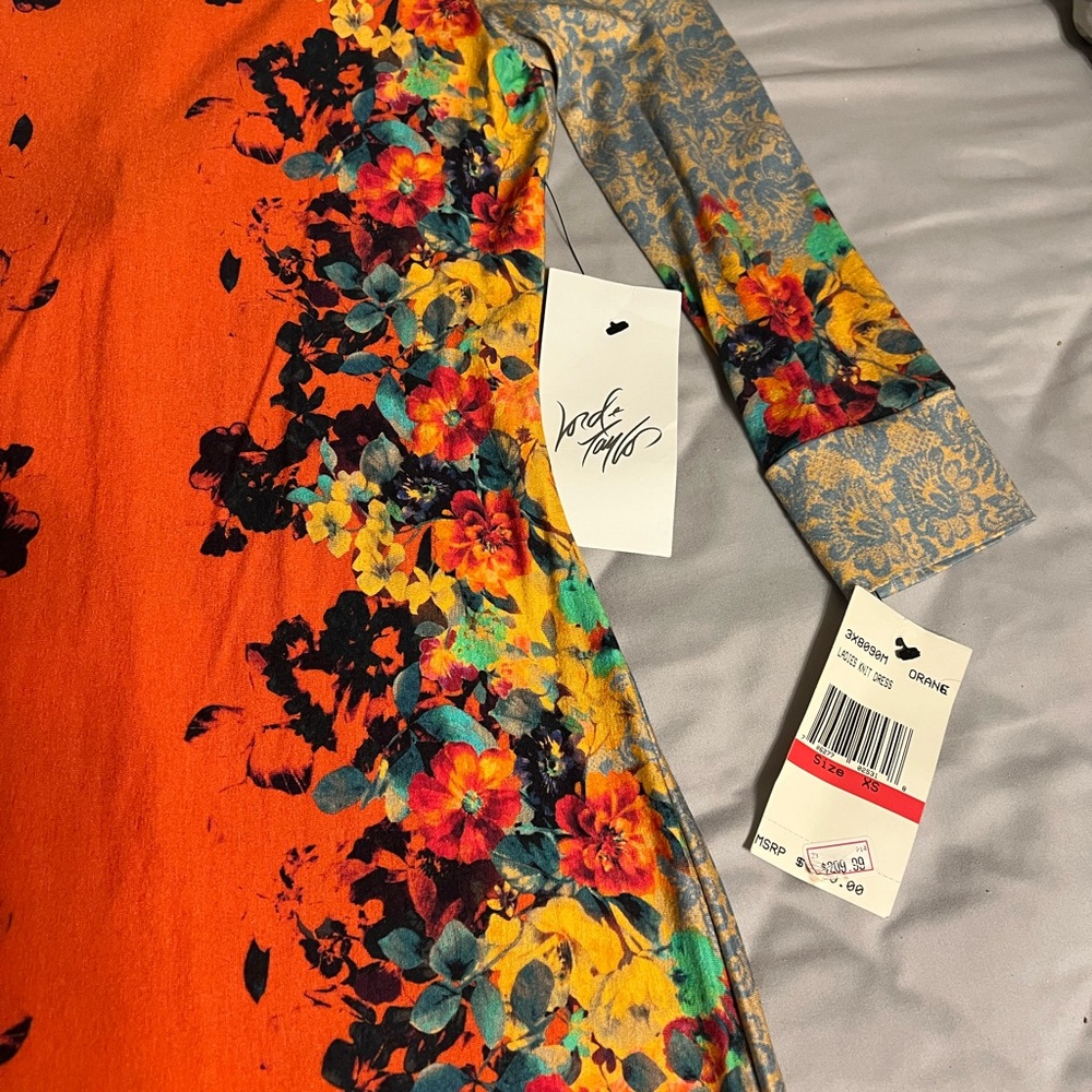 ABS Allen Schwartz Orange Floral Long Sleeve stretchy Dress - Picture 2 of 8
